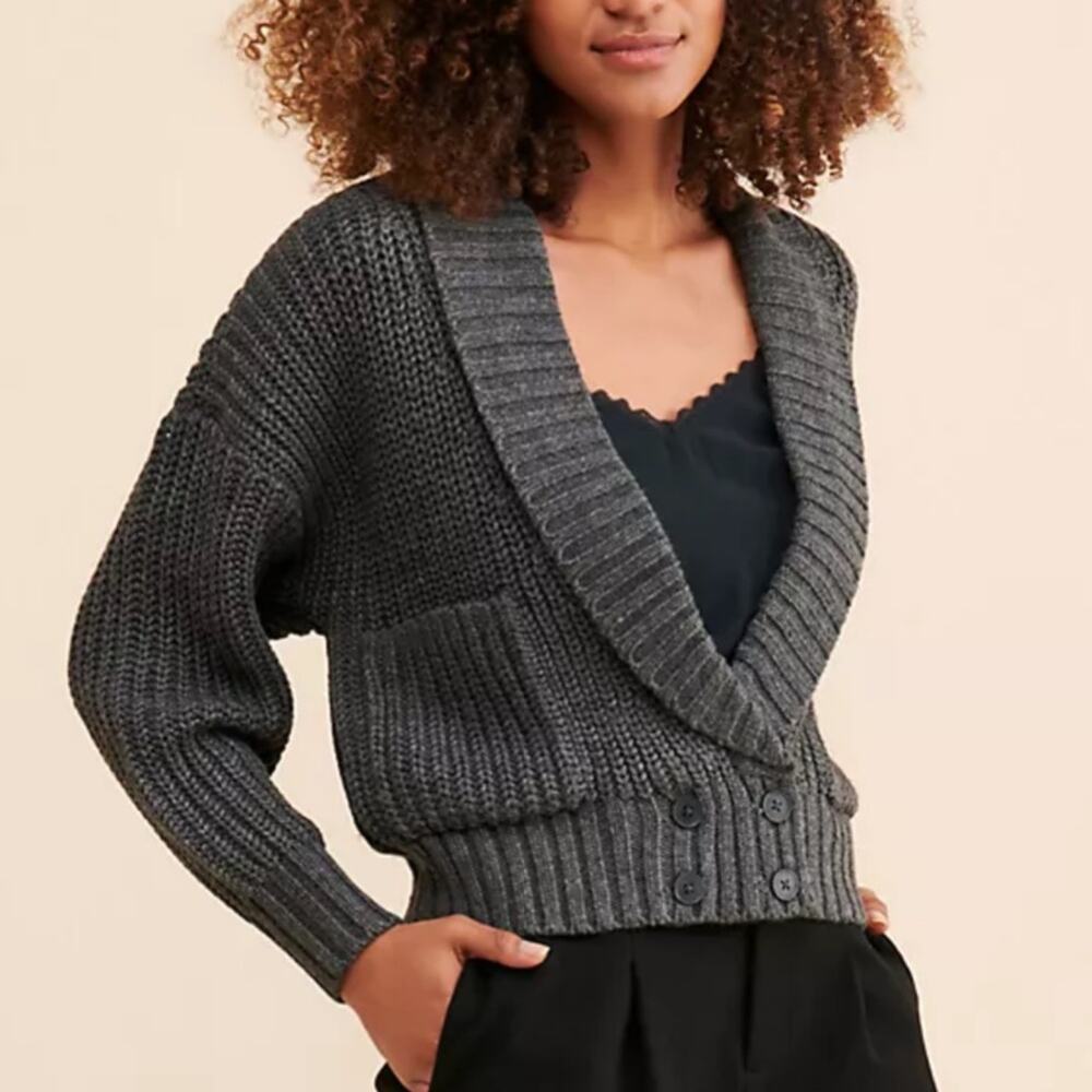 Anthropologie Charcoal Gray Deep V Cardigan Sweater Size S